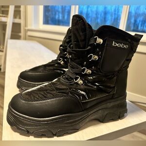 Bebe Jadah Glossy Black Lace-Up Boots